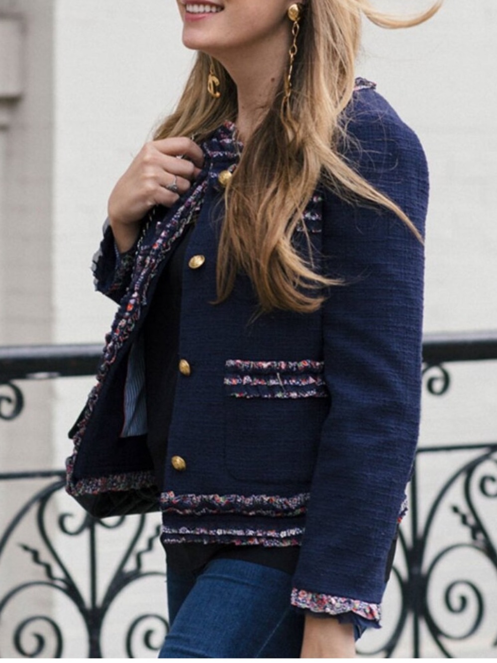 J. Crew Lady Jacket Tweed Blazer cotton silk Floral Trim Navy Blue size 8